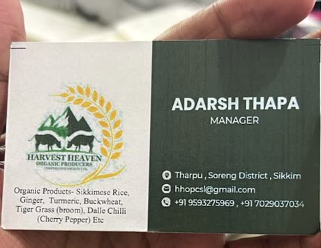 Photo of Adarsh Thapa's business card, Harvest Heaven Organic Producers